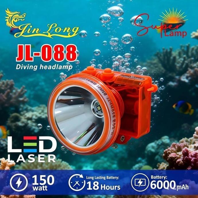Senter Kepala Selam Jinlong JL 088 Daya 150 Watt Baterai 6000 Mah Durasi 18 Jam dan Kedalaman 30 Met