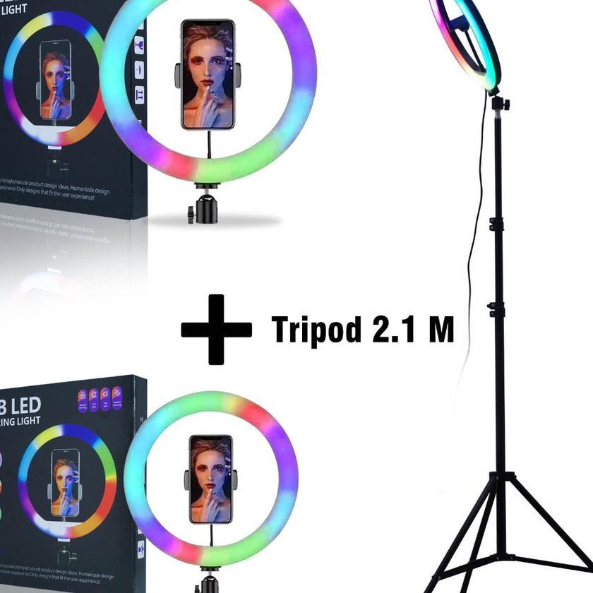 Ring Light Rgb Rainbow Led Video + Tripod 2.1 M Lampu Ring Light Rgb 26Cm 30Cm + Phone Holder