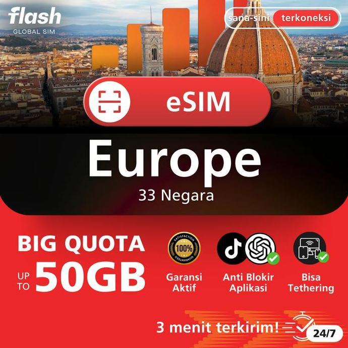 Card - Flash Esim Eropa 33 Negara Big Quota (Esim Europe, Esim Germany, Esim Roma, Esim Paris, Esim 