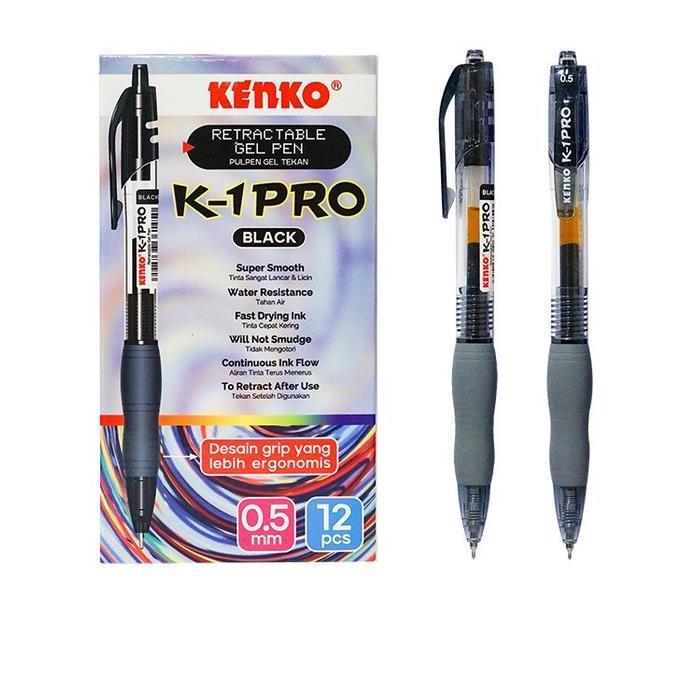 Kinco- Pulpen Gel Cetek Kenko K-1 Pro Hitam 1 Lusin Isi 12 Pcs
