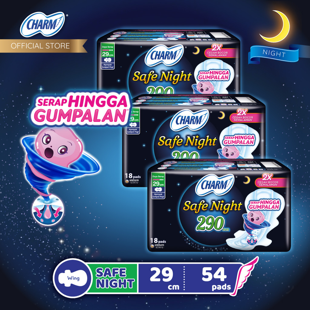 Charm Pembalut Safe Night 29cm Wing 18 pads - 3 Packs