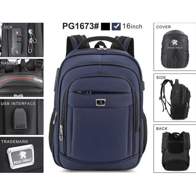 POLO GREAT Ransel Gembok 16 Inch Ransel Laptop Backpack Pria Wanita USB Port