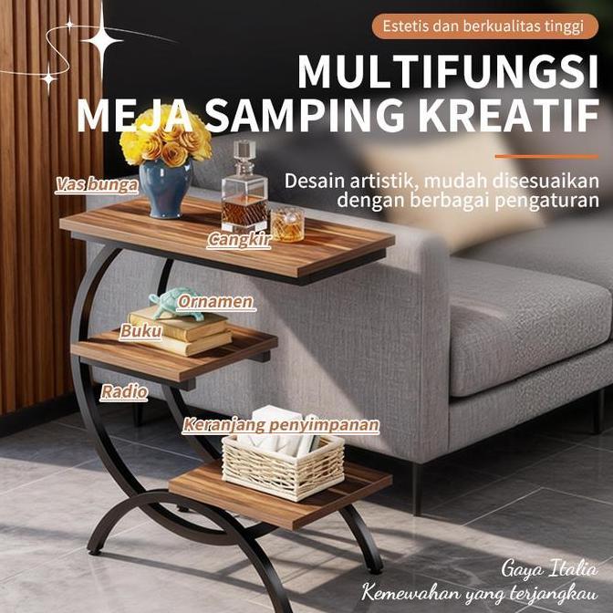 COD Meja Samping Sofa Minimalis 3 Rak Anti Gores Tahan Air Baja Karbon+MDF Tebal Ruang Tamu