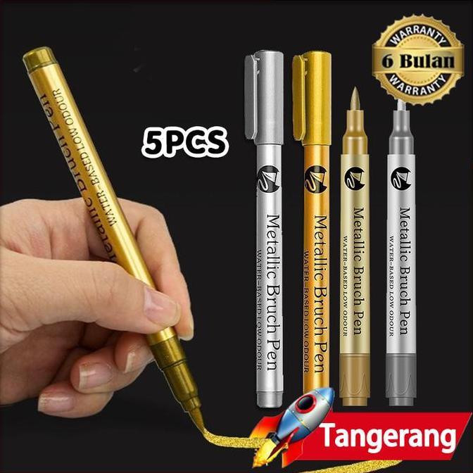 KANJALO 5pcs Spidol Emas Dan Silver Pulpen Tinta Emas Perak Marker Gold Silver