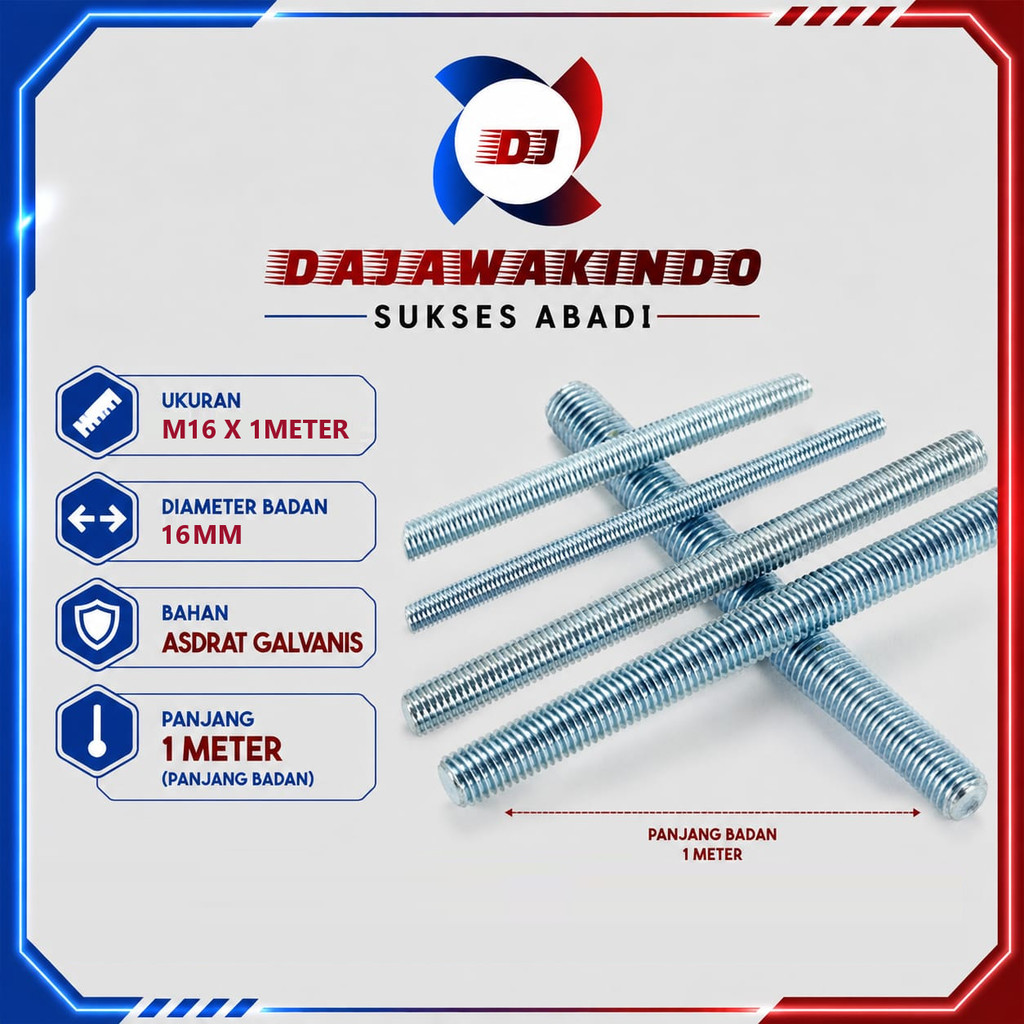 Asdrat Galvanis M16 x 1 Meter / Long Drat Galvanis Putih M16 x 1 Meter