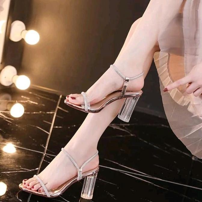 DV163 - sandal heels wanita dns 23 kaca jelly kristal hak 7 cm
