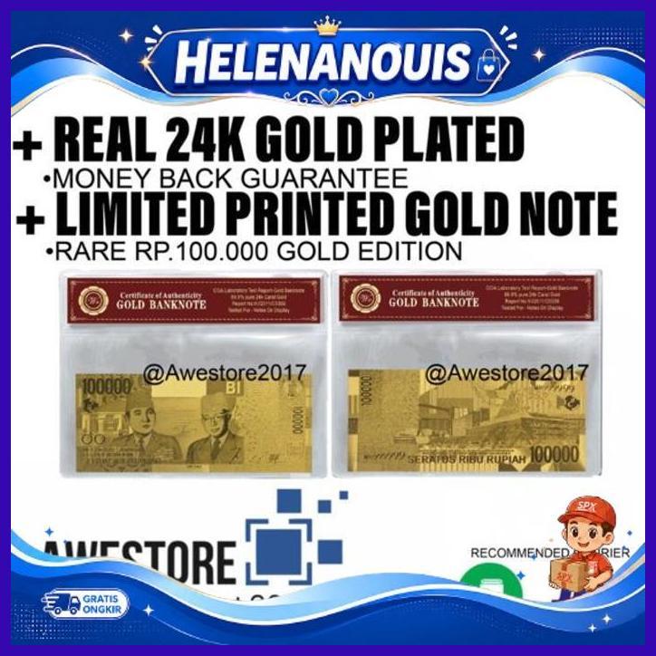 Uang Replika 100.000 Rupiah Lapis Emas 24K Seratus Ribu Gold Plated Big Promo
