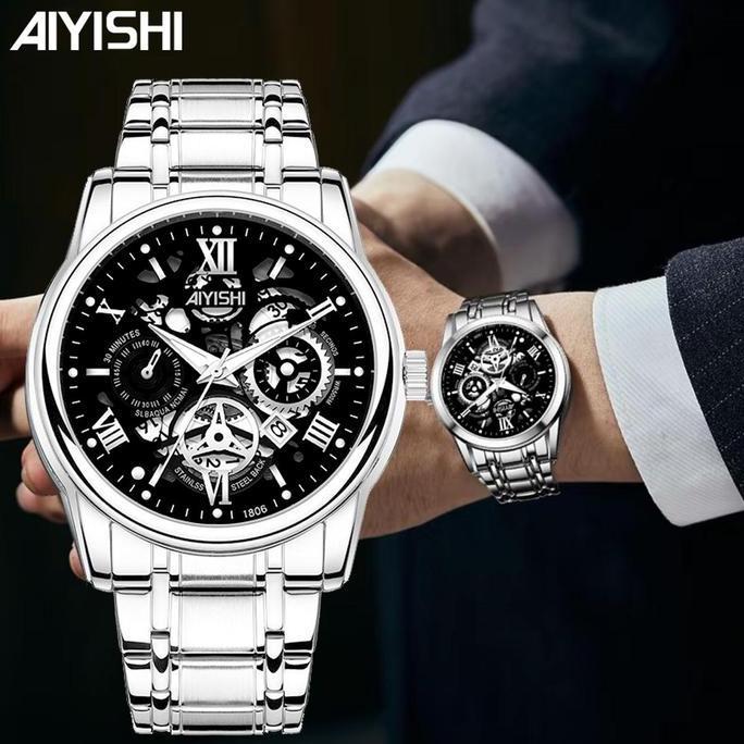 Clock- Buy 1 Get 1 Aiyishi Jam Tangan Pria Dial Beronggakuarsa Anti Air Tali Stainless Steel Jam Tan