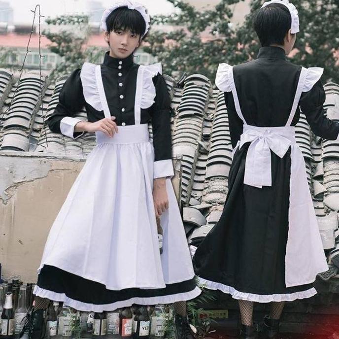 WetrosePria Wanita Memakai Cosplay Lucu Jepang Lolita Anime Pembantu Loli Hitam Panjang Gaun Kostum 