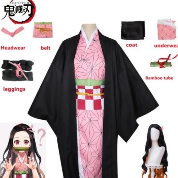Nezuko Anime Kostum CosplayKimonoDemon Killer Kostum Nezuko WigSaberWanita Seragam Kimono