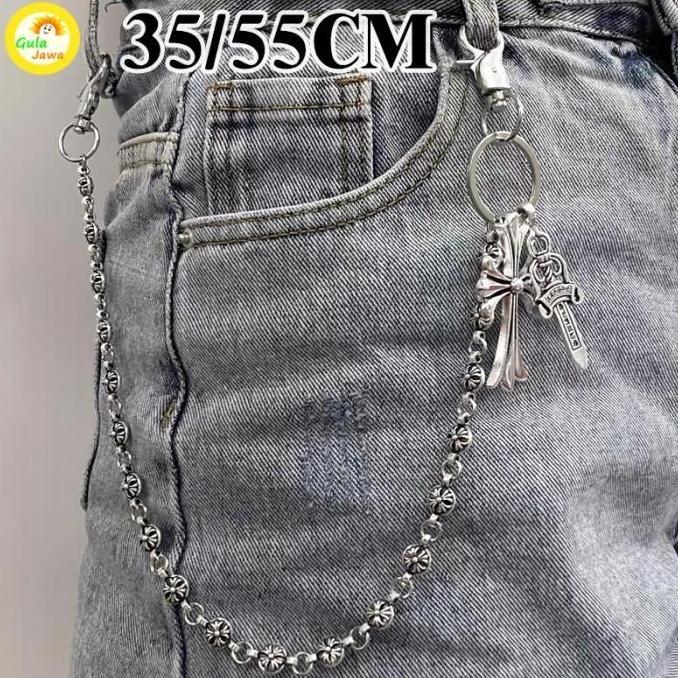 LEXSA Chrome Hearts Rantai Jeans Salib Manik-Manik Bundar Pedang