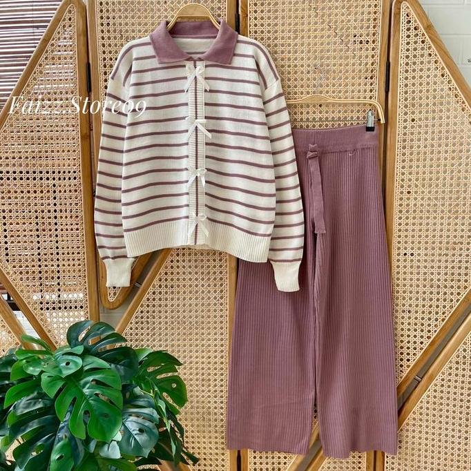 Oneset Abel Sweater Rajut Motif Pita Stripe Setelan Celana Kulot Wanita Premium Lengan Panjang Kekin