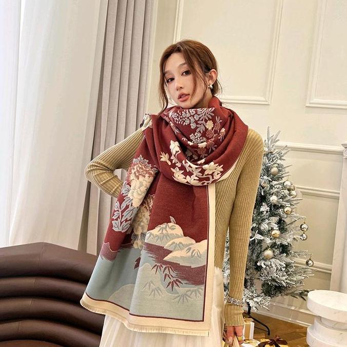 Syal Cashmere 2 Sisi Premium Quality Mountain High Grade Pashmina Fleece Mikasa Selendang - Kerudung