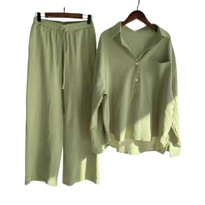 Winda set Setelan Wanita Kekinian Atasan Celana Katun Linen Crinkle Nyaman Adem ootd Polos Grey Lemb