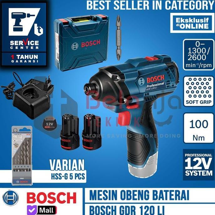 OK BOSCH MESIN OBENG BATERAI GDR 120 LI IMPACT + MATA BOR BESI HSS-G 5PCS *