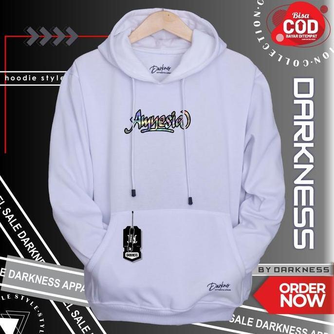 sweater hoodie uni darkness warna putih list simple Amnesia sablon hologram premium mengkilap suiter
