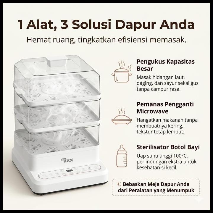 Best Seller Tixx Pengukus Listrik Multifungsi 28L 3 Lapis Sterilisator Botol Bayi Pemanas Makanan Re