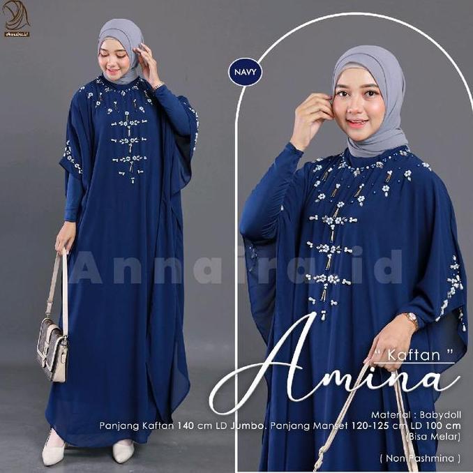 AMINA KAFTAN - KAFTAN BAHAN BABY DOLL PLUS MANSET BUAT LEBARAN BY ANNAIRA.ID