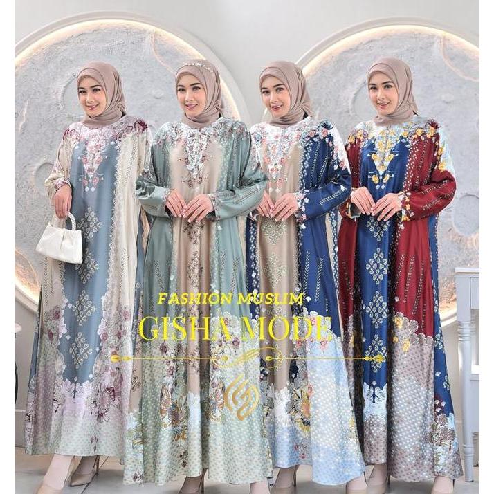 Gisha Collection-MEDINNA Gamis Abaya Bahan Silk Premium |Gamis Motif Jumbo Ld 130 cm Warna Navy,Crea