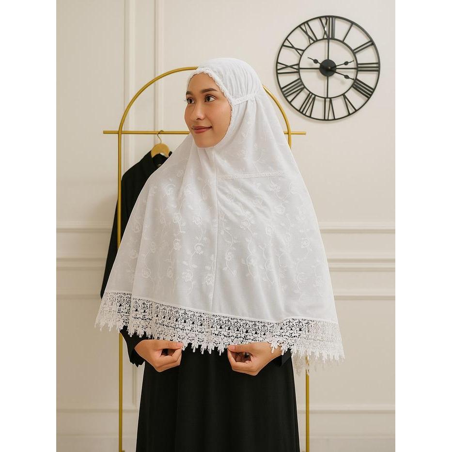 Bergo Syar'i Renda Bordir Elegan | Jilbab Instan Dewasa Bahan Katun Adem & Nyaman - PUTIH