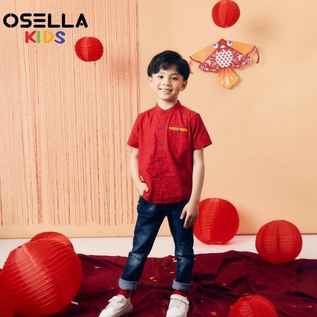Osella Kids Mandarin Collar Short Sleeve Shirt In Red Ental Pattern 2234300151 Kemeja Anak Laklaki L