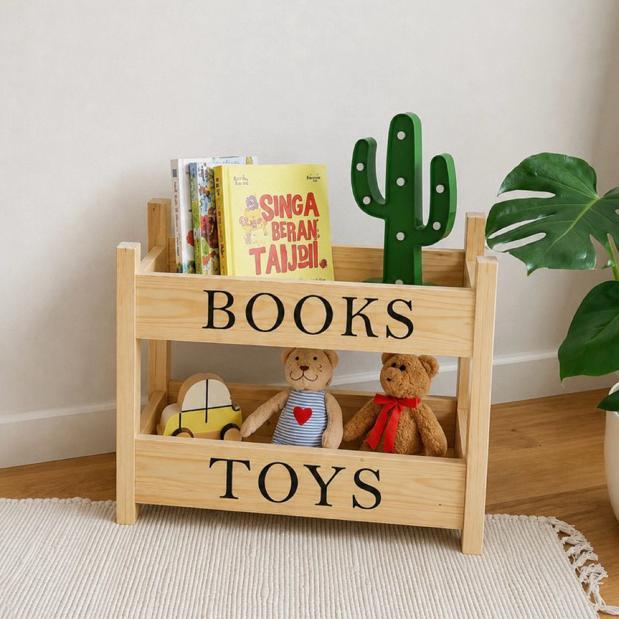 Rak Buku Anak Kayu Serbaguna + Rak Mainan | Rak Penyimpanan Buku & Toys Anak | Rak Kayu Minimalis Es