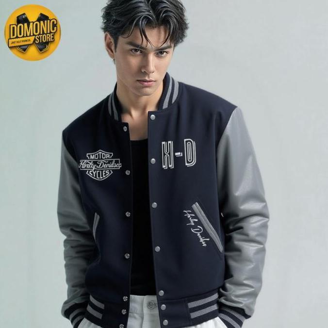 CUSTOM JAKET VARSITY KULIT MOTOR HARLEY DAVIDSON BLACK GREY