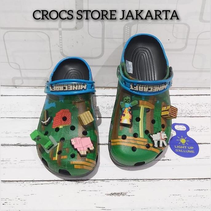 SANDAL ANAK CROCS CLASSIC X MINECRAFT LED JIBBITZ  CLOG / SANDAL CROCS ANAK / SANDAL ANAK LAKI LAKI