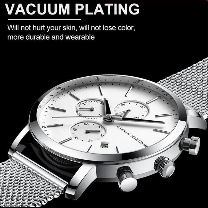 Vint- Hannah Martin Jam Tangan Pria Tahan Air Cowok Kronograf Quartz Analog Laki 109G Stainless Tche