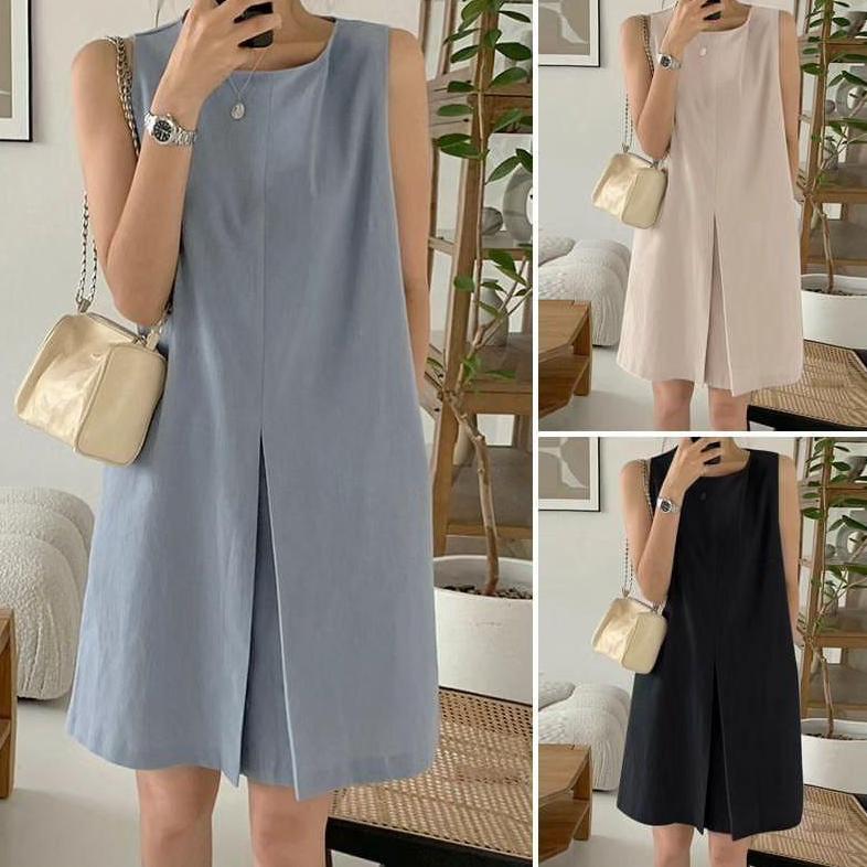 CUCI GUDANG Ezola Midi Maxy Dress Wanita Basic Korea Tanpa Lengan Matt Linen Premium OOTD Fashion Re