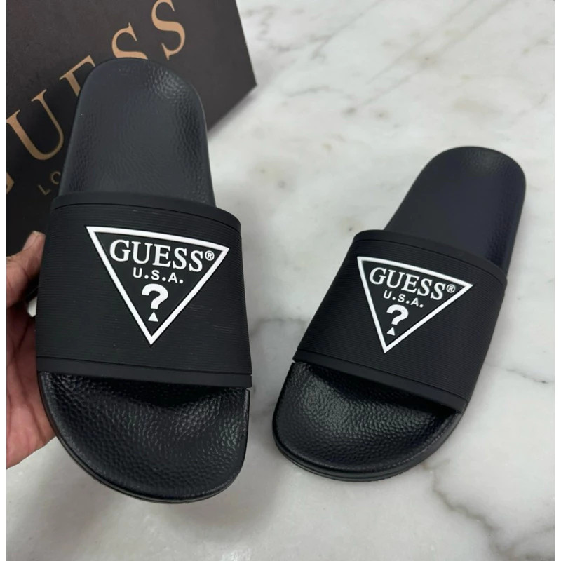 Sandal Slop Pria Wanita Guess Hitam Logo Putih Premium Unisex Size 39_44
