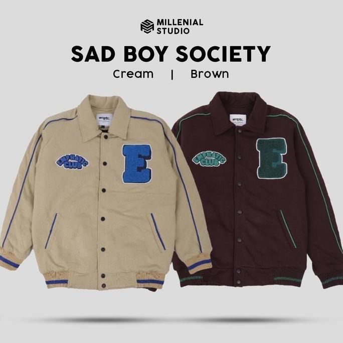 PREMIUM / VARSITY JACKET SAD BOY SOCIETY BROWN CREAM | JAKET VARSITY FLEECE BORDIR HANDUK ORIGINAL /