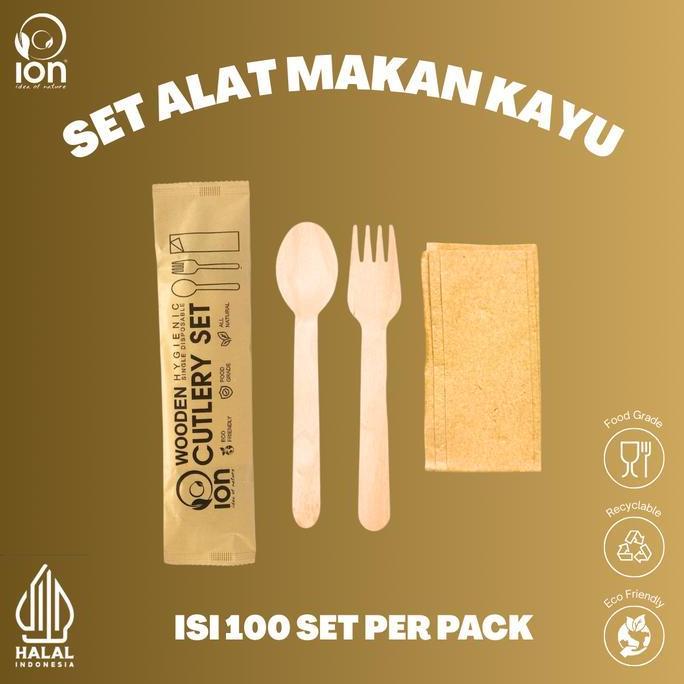 Set Wooden Cutlery (Sendok + Garpu + Tissue) / Cutlery kayu - GROSIR