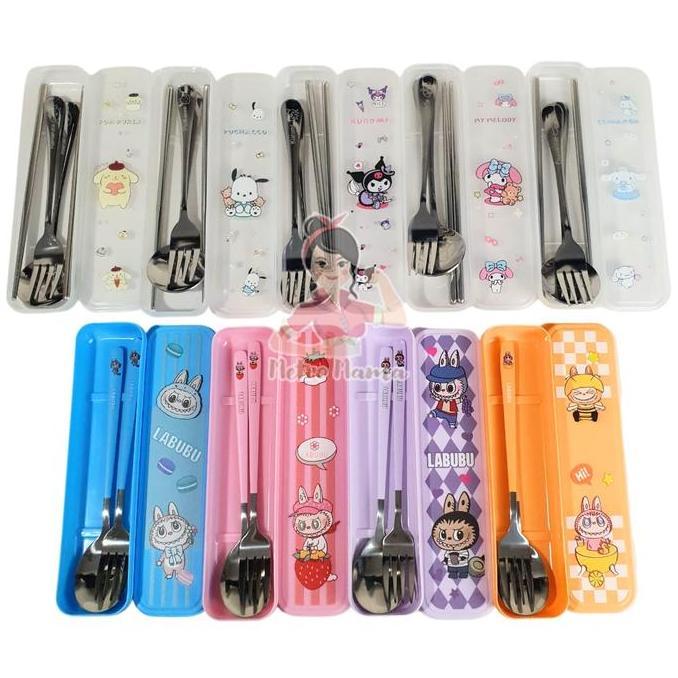 Pack- Sendok Set Garpu Sumpit Alat Makan Stainless Sanrioo Grafir Labubu Model