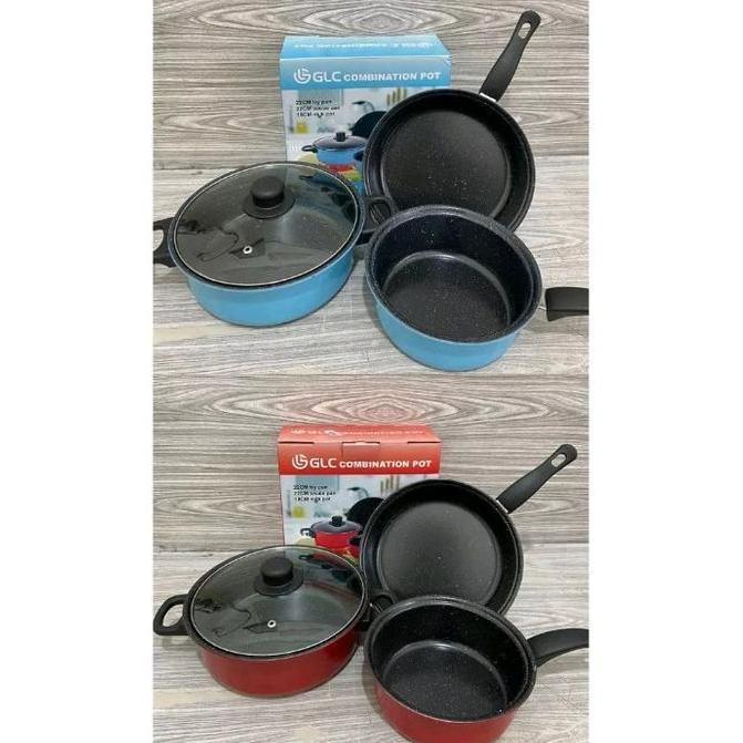 PREMIUM / panci glc 3 set, wajan teflon stainlees stell cookware set free penutup kaca panci kukus f