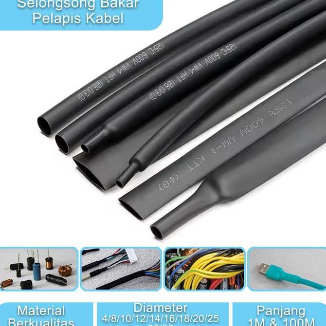 ESWANE Selongsong Bakar Pelapis Kabel Solasi Hitam Heat Shrink Tube 1M 100M Diameter 4mm 8mm 10mm 12