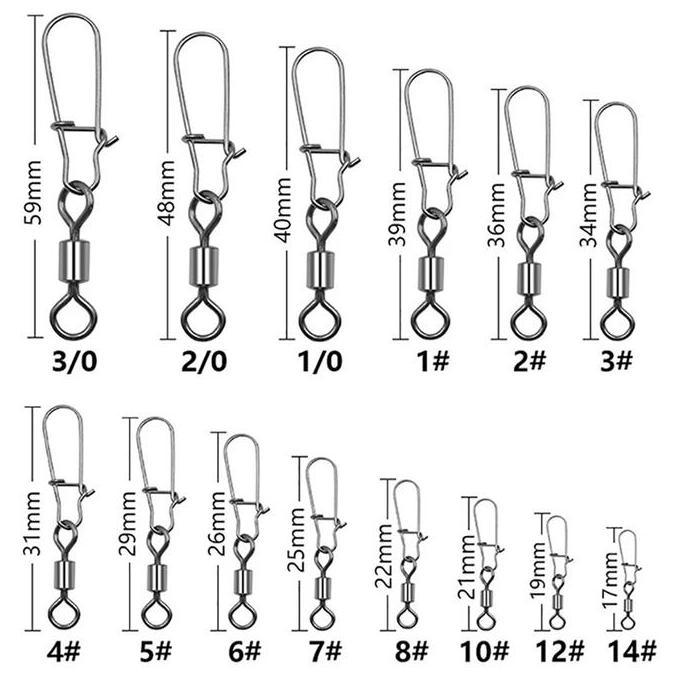 AYOBAKUL Isi 100pc Snap Kilikili Pancing Swivel Interlock Snap Pancing Kilikili Swivel Pancing