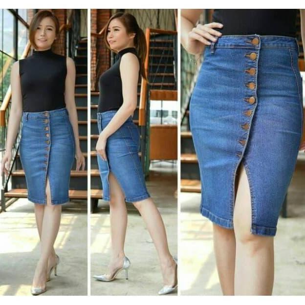 Ckey Rok Jeans Span Kancing / Rok Jeans Wanita