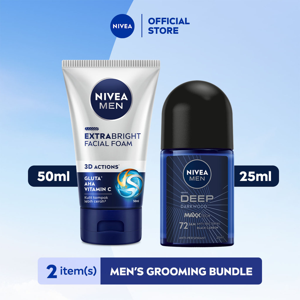NIVEA MEN Travel Paket Perawatan Pria Isi Busa Pembersih Wajah 50 ml dan Deodoran Roll On 25 ml Pack