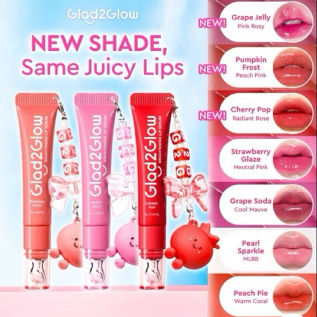 GLAD2GLOW BRIGHTENING LIP SERUM mencerahkan bibir with vitamin E (berry soda, strawberry, peach pie,