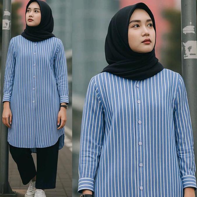 [CUCI GUDANG] Poply Long Tunik Strip |  Atasan Tunik Panjang Muslim  Remaja Wanita Katun Motif Salur
