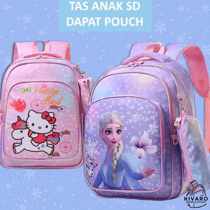 TERLARIS - Kivaro Tas Ransel Anak SD Perempuan Besar 43cm Motif Hello Kitty & Unicorn Dapat Pouch Un