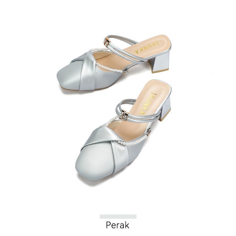 Original Ikunka Wanita Sandal Mules Sepatu Mary Jane Elegan Slip Ons Santai Sepatu Casual Daily Hak 