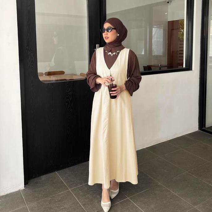 Yeppuoutfit Jiyeon Overall Long Dress - Outer Jumpsuit Basic Long Dress Muslim Berbahan Linen Twill 