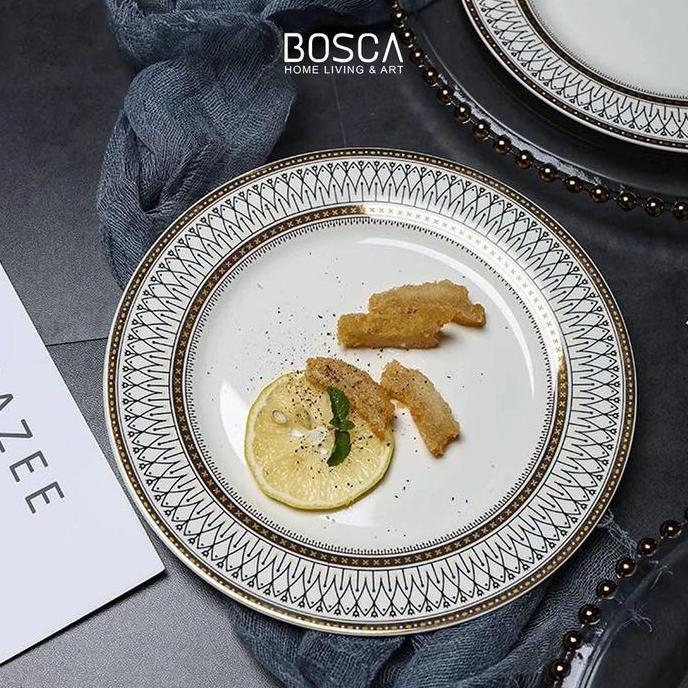 Bosca Living - Royal Aiden British Dinnerware Set / Piring Makan Keramik Corak Eropa List Gold Emas 