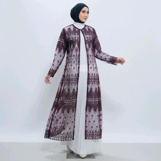 Outer Cardigan Gamis Brukat Tule Lengan Panjang Kekinian Baju Kardigan Luaran Gamis Motif Random Ele