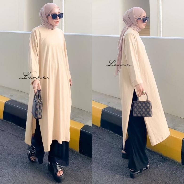 Nuna Tunik Busui - Midi Dress Busui High Slit - Tunik Jumbo Bahan Kaos - Atasan Warna Putih Agustusa