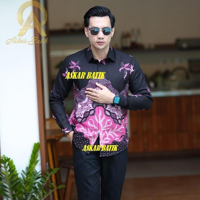 CANDRA PINK Batik Pria Slimfit Lengan Panjang Warna Hitam Pink Baju Nyaman