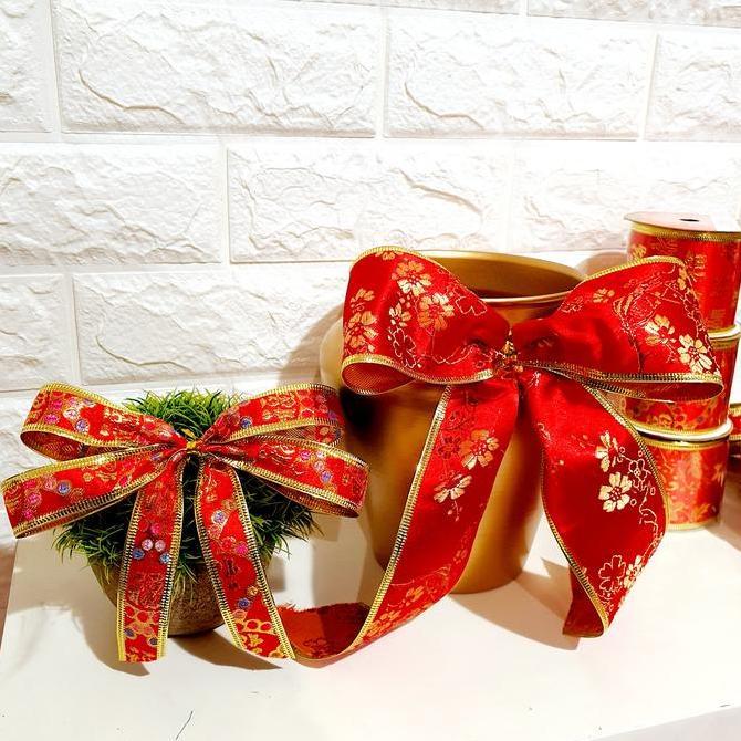 Newstockcik- Pita Imlek Merah 5 Cm Pita Kawat Fu Fuk Hoki Warna Merah Parcel Imlek