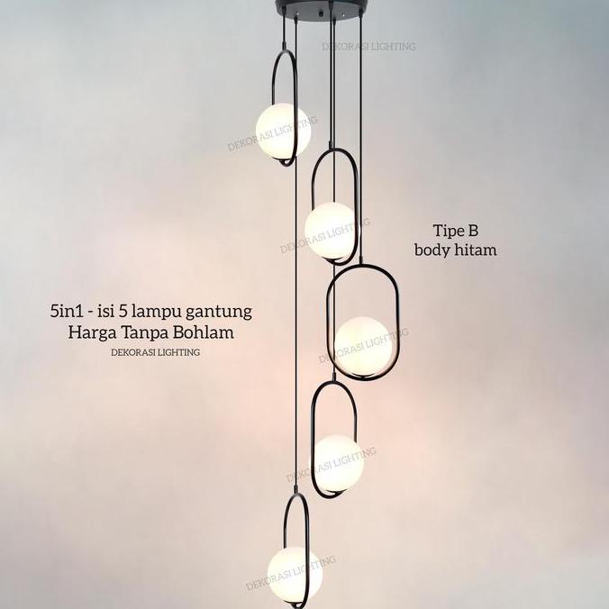 Lampu gantung void tangga 5in1 hitam gold kaca susu minimalis dekor